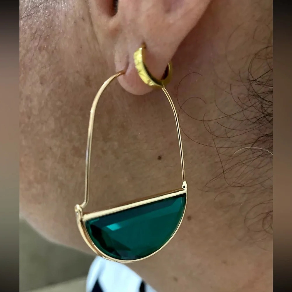 Anthropologie Gold Hoop Emerald Green Semicircle Drop Earrings - Picture 7 of 12